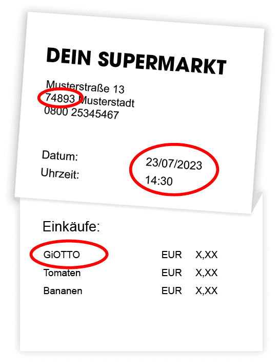 Kassenbon Beispiel Bild mit Datum, Uhrzeit, Postleitzahl und Aktionsprodukt